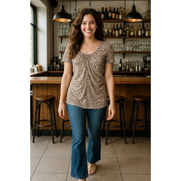 212 Collection Pixel Print Ruched Front Tunic Blouse Short Sleeve City Chic - Picture 3 of 13